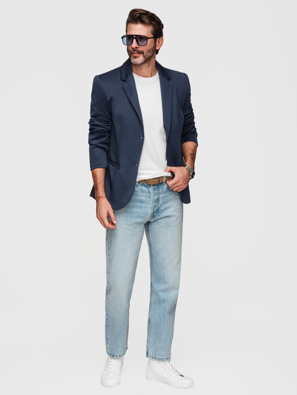 Ombre Clothing Štýlové pánske sako s odnímateľnou podšívkou a nastaviteľnou kapucňou - tmavo modré V2 M168 Ombre Clothing