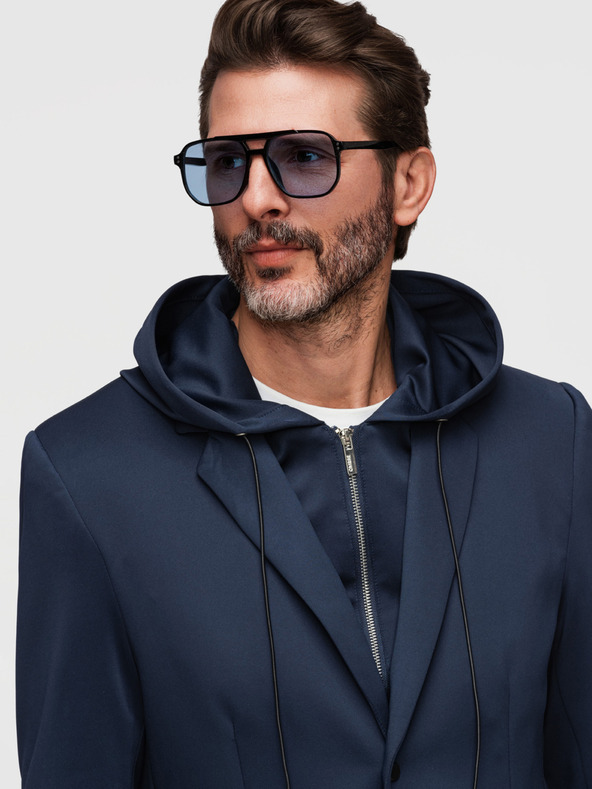 Ombre Clothing Štýlové pánske sako s odnímateľnou podšívkou a nastaviteľnou kapucňou - tmavo modré V2 M168 Ombre Clothing