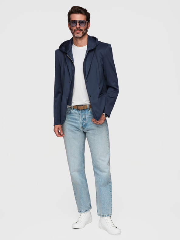 Ombre Clothing Štýlové pánske sako s odnímateľnou podšívkou a nastaviteľnou kapucňou - tmavo modré V2 M168 Ombre Clothing