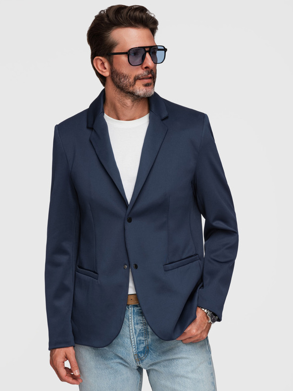 Ombre Clothing Štýlové pánske sako s odnímateľnou podšívkou a nastaviteľnou kapucňou - tmavo modré V2 M168 Ombre Clothing