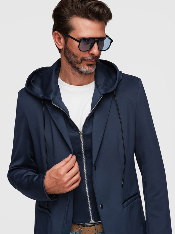 Ombre Clothing Štýlové pánske sako s odnímateľnou podšívkou a nastaviteľnou kapucňou - tmavo modré V2 M168 Ombre Clothing