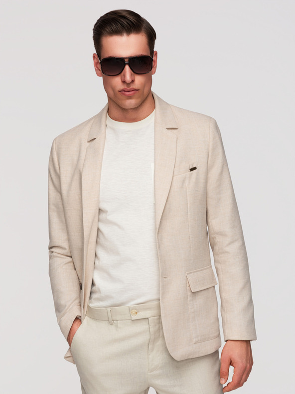 Ombre Clothing Pánske sako REGULAR strihu s plátnom - béžové V1 M169 Ombre Clothing