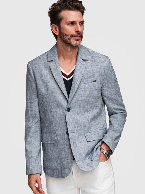 Ombre Clothing Pánske sako REGULAR strihu s plátnom - svetlo modré V4 M169 Ombre Clothing