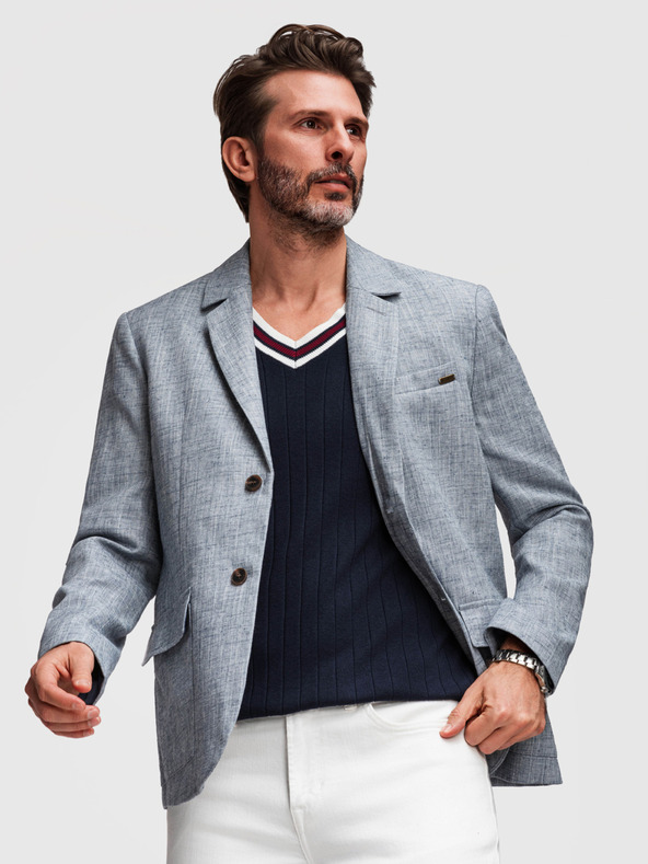 Ombre Clothing Pánske sako REGULAR strihu s plátnom - svetlo modré V4 M169 Ombre Clothing