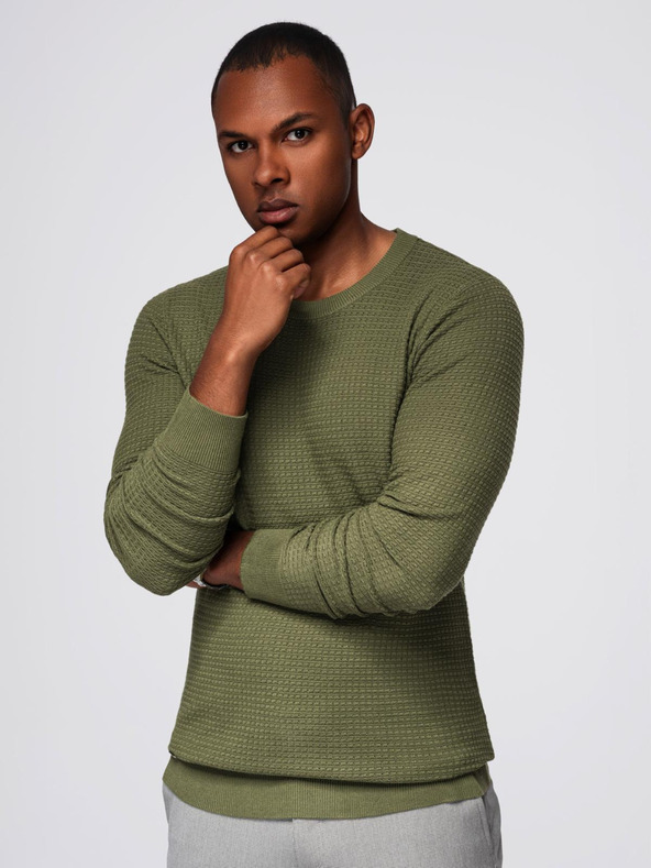 Ombre Clothing Pánsky štruktúrovaný sveter s guľatým výstrihom - olivový V1 OM-SWSW-0181 Ombre Clothing