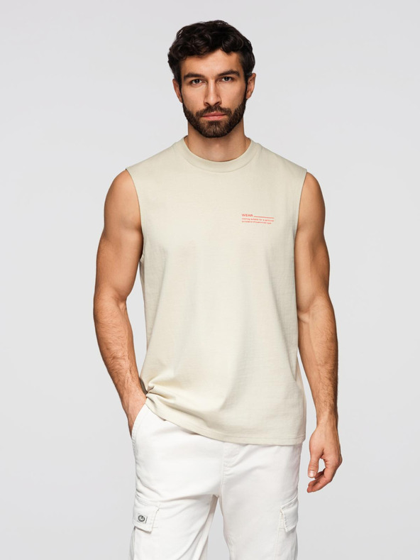 Ombre Clothing Pánske bavlnené tričko TANK TOP bez rukávov - krémová V3 OM-TSTT-0243 Ombre Clothing