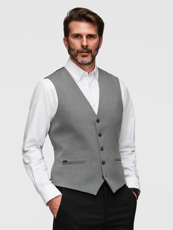 Ombre Clothing Elegantná klasická pánska vesta v tvare rybej kosti SLIM FIT - sivá V1 V65 Ombre Clothing