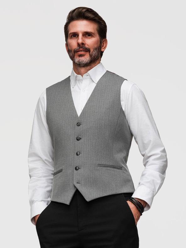Ombre Clothing Elegantná klasická pánska vesta v tvare rybej kosti SLIM FIT - sivá V1 V65 Ombre Clothing