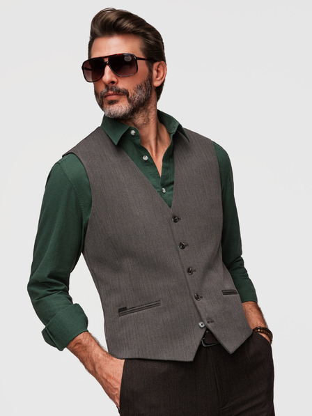 Ombre Clothing Klasická pánska elegantná vesta SLIM FIT v tvare rybej kosti - grafitová V2 V65 Ombre Clothing