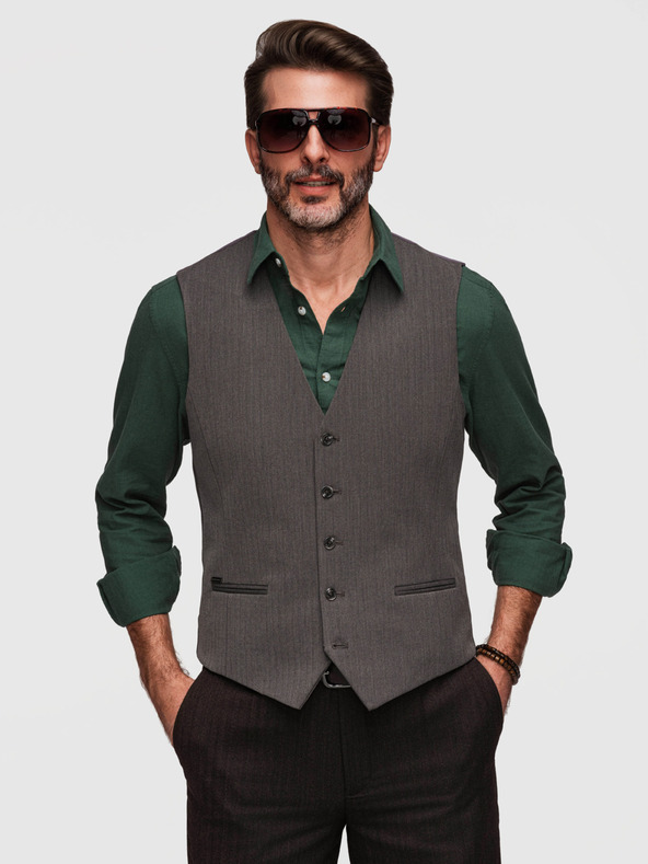 Ombre Clothing Klasická pánska elegantná vesta SLIM FIT v tvare rybej kosti - grafitová V2 V65 Ombre Clothing