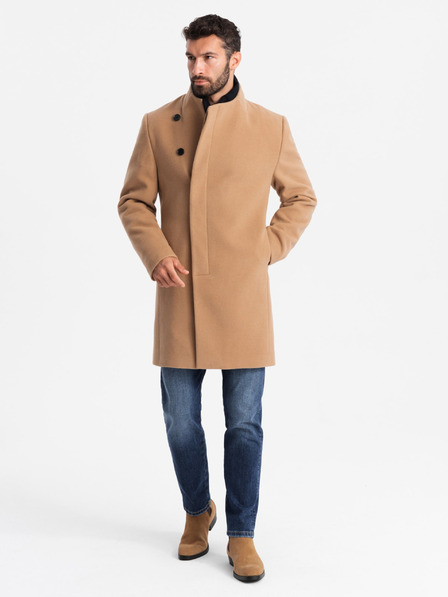 Ombre Clothing Pánsky kabát s asymetrickým zapínaním a vysokým golierom svetlohnedý Ombre Clothing