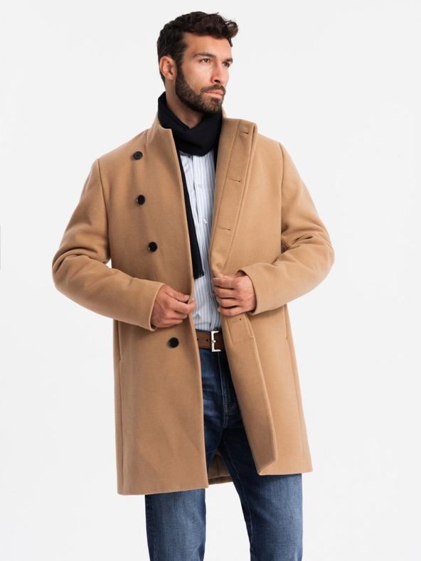 Ombre Clothing Pánsky kabát s asymetrickým zapínaním a vysokým golierom svetlohnedý Ombre Clothing