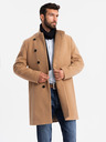Ombre Clothing Pánsky kabát s asymetrickým zapínaním a vysokým golierom svetlohnedý Ombre Clothing