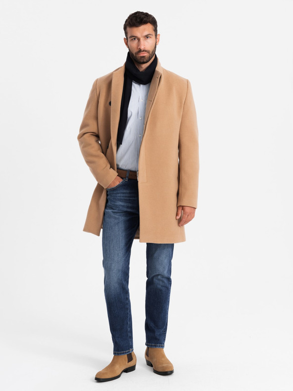 Ombre Clothing Pánsky kabát s asymetrickým zapínaním a vysokým golierom svetlohnedý Ombre Clothing