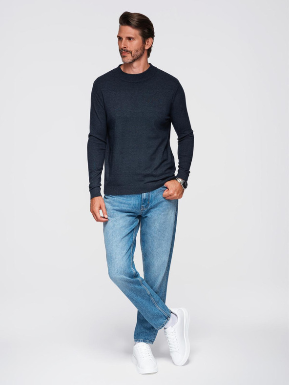 Ombre Clothing Pánsky pletený polovičný rolák s viskózou - tmavomodrý V4 OM-SWTN-0125 Ombre Oblečenie