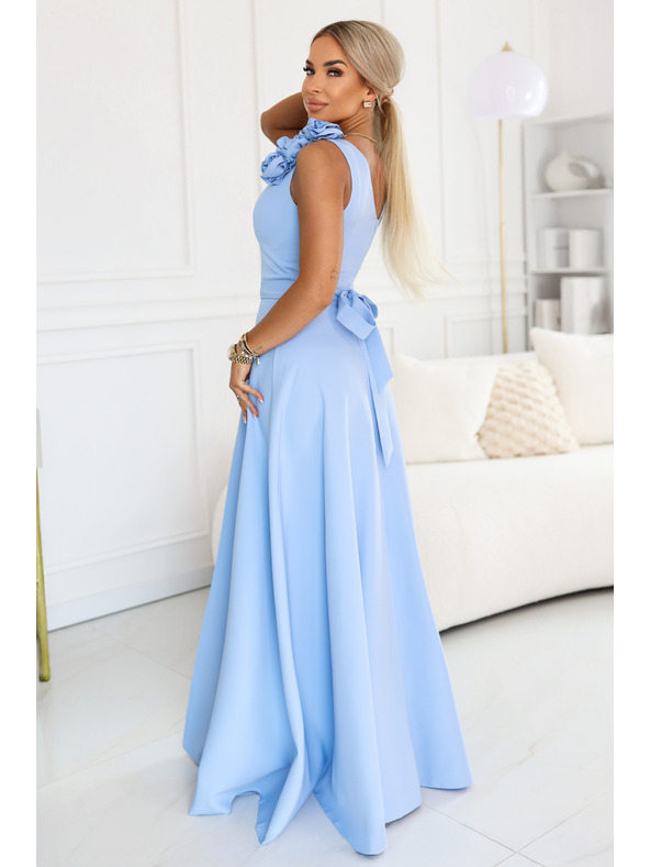 numoco Elegantné večerné maxi šaty s rozparkom a ružami - svetlo modrá