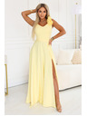 numoco Elegantné večerné maxi šaty s rozparkom a ružami - maslenková žltá