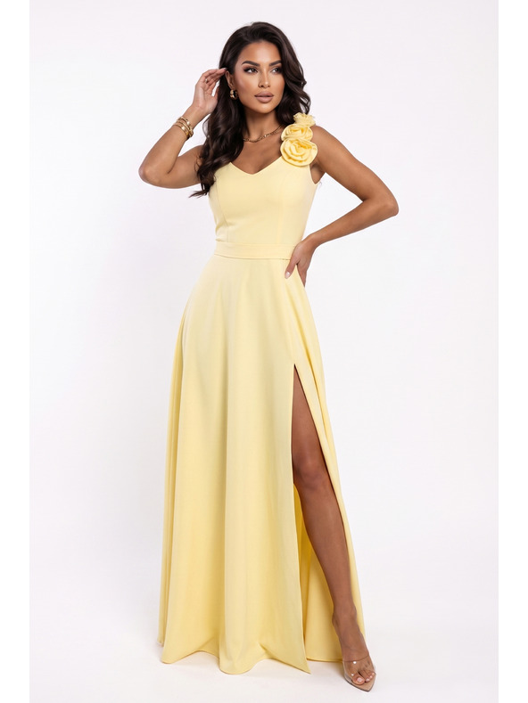 numoco Elegantné večerné maxi šaty s rozparkom a ružami - maslenková žltá