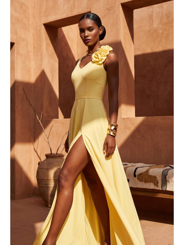 numoco Elegantné večerné maxi šaty s rozparkom a ružami - maslenková žltá