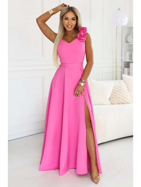 numoco Elegantné večerné maxi šaty s rozparkom a ružami - cukrárska ružová