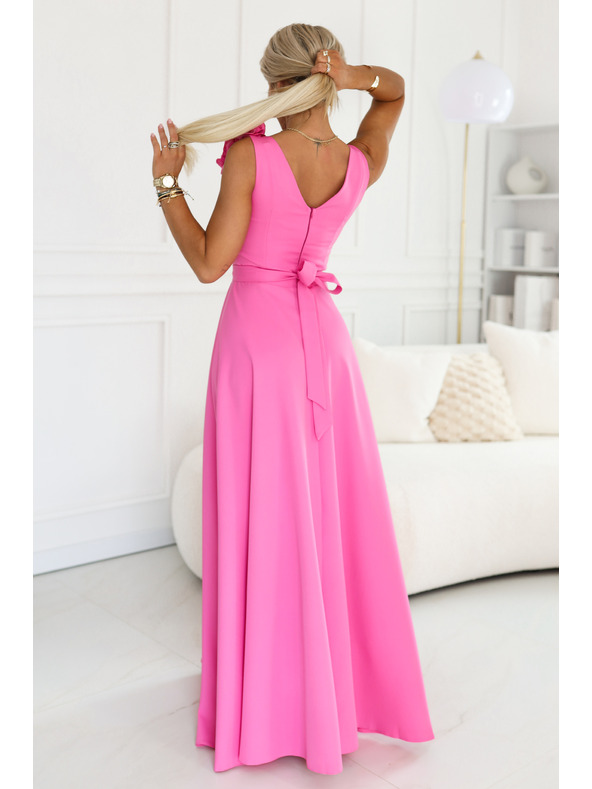 numoco Elegantné večerné maxi šaty s rozparkom a ružami - cukrárska ružová