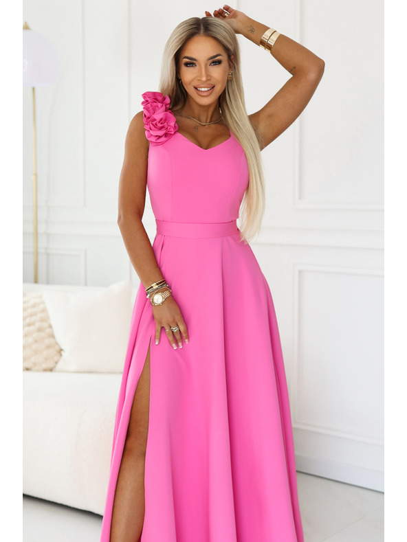 numoco Elegantné večerné maxi šaty s rozparkom a ružami - cukrárska ružová