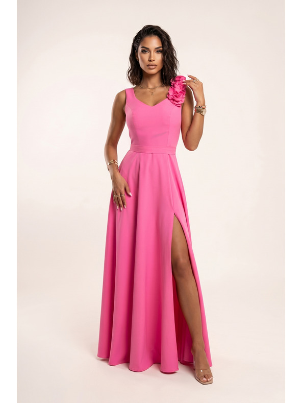 numoco Elegantné večerné maxi šaty s rozparkom a ružami - cukrárska ružová