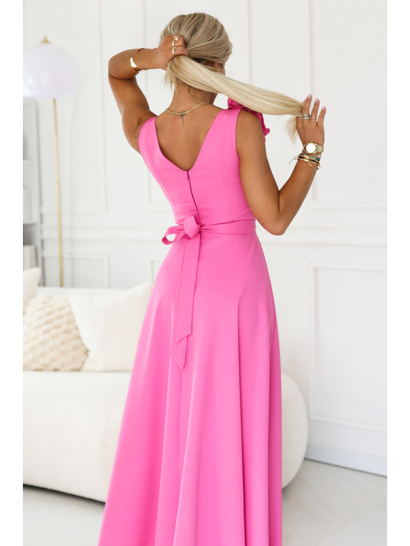 numoco Elegantné večerné maxi šaty s rozparkom a ružami - cukrárska ružová