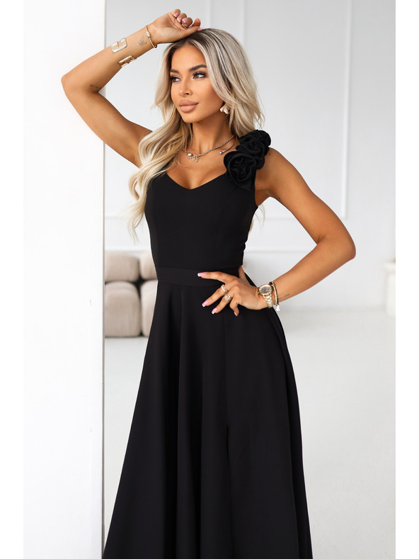 numoco Elegantné maxi večerné šaty s rozparkom a ružami - klasická čierna