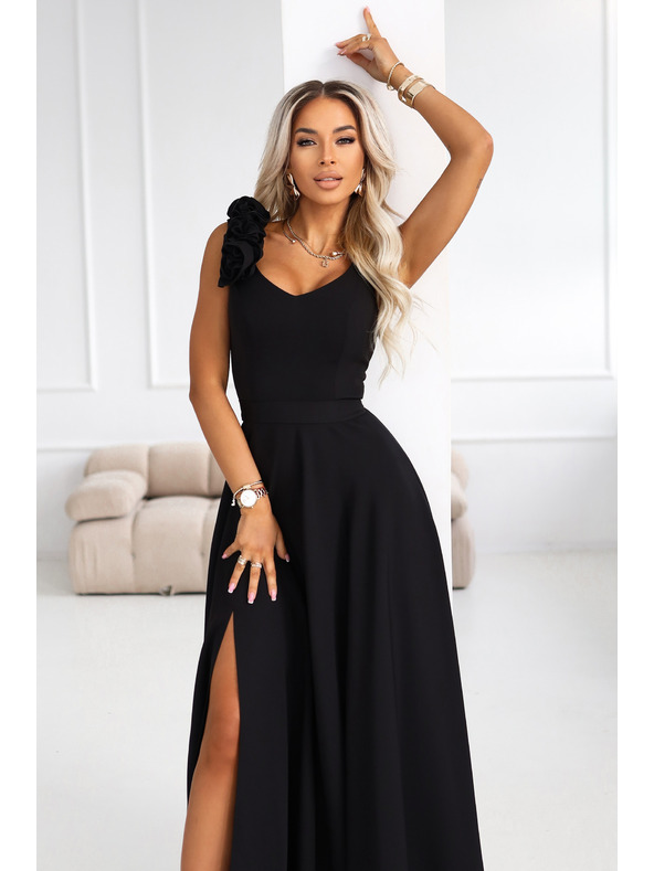 numoco Elegantné maxi večerné šaty s rozparkom a ružami - klasická čierna