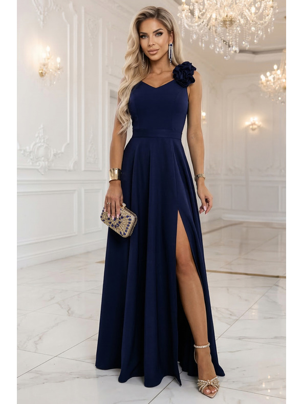 numoco Elegantné večerné maxi šaty s rozparkom a ružami - námornicka modrá