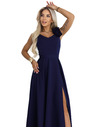 numoco Elegantné večerné maxi šaty s rozparkom a ružami - námornicka modrá