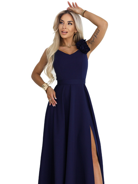 numoco Elegantné večerné maxi šaty s rozparkom a ružami - námornicka modrá