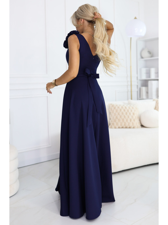 numoco Elegantné večerné maxi šaty s rozparkom a ružami - námornicka modrá
