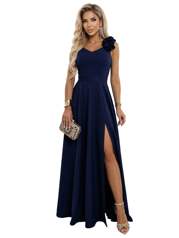numoco Elegantné večerné maxi šaty s rozparkom a ružami - námornicka modrá