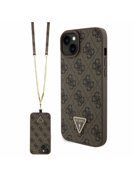 Guess Guess PU 4G Strass Triangle Metal Logo Zadný Kryt + Crossbody Popruh pre iPhone 15 Plus Brown