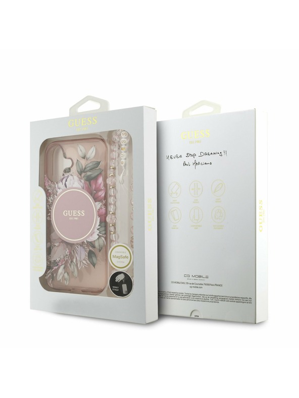Guess Guess IML Flowers Strap MagSafe Zadný Kryt pre iPhone 17 Pink
