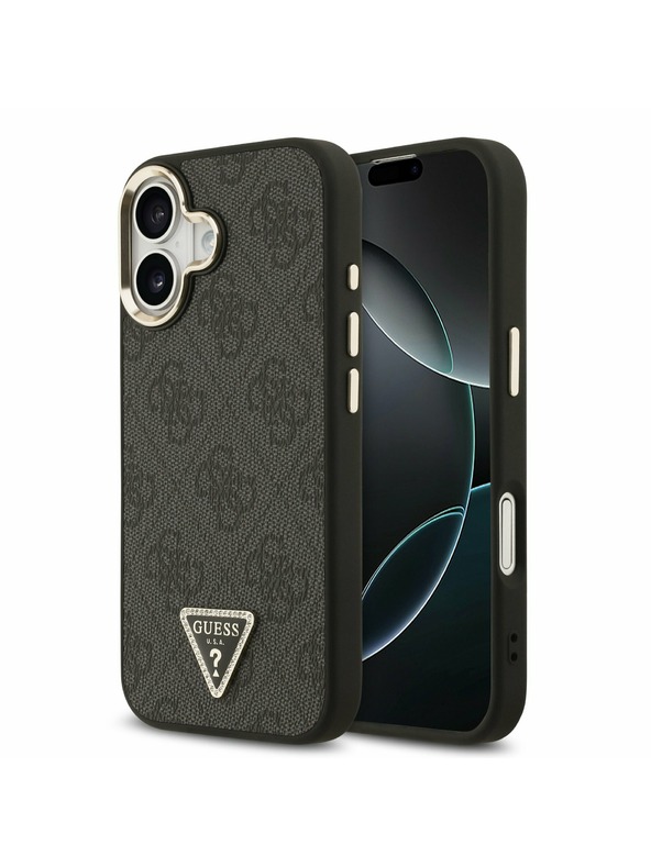 Guess Guess PU Leather 4G Strass Triangle Logo Gold Frame MagSafe Zadný Kryt pre iPhone 17 Black