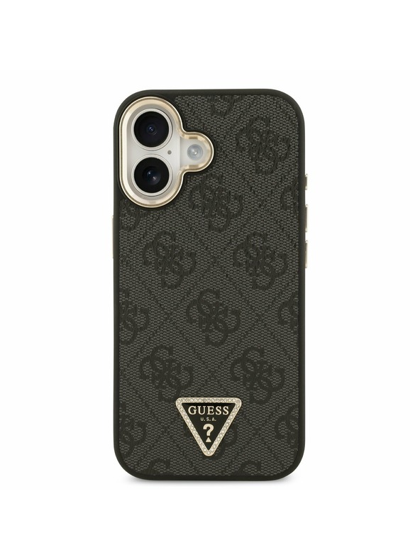 Guess Guess PU Leather 4G Strass Triangle Logo Gold Frame MagSafe Zadný Kryt pre iPhone 17 Black