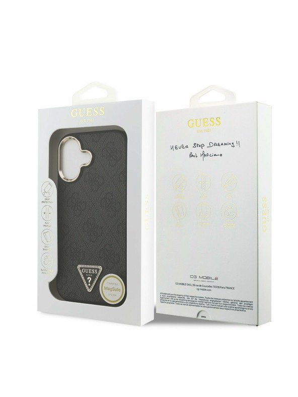 Guess Guess PU Leather 4G Strass Triangle Logo Gold Frame MagSafe Zadný Kryt pre iPhone 17 Black