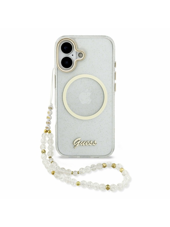 Guess Guess IML Glitter Script Strap MagSafe Zadný Kryt pre iPhone 17 Transparent