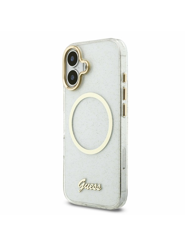Guess Guess IML Glitter Script Strap MagSafe Zadný Kryt pre iPhone 17 Transparent