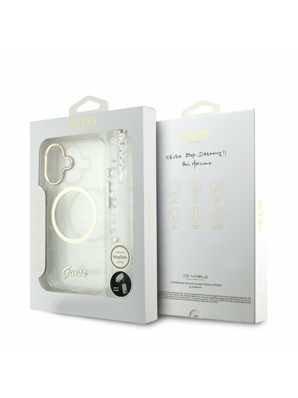Guess Guess IML Glitter Script Strap MagSafe Zadný Kryt pre iPhone 17 Transparent