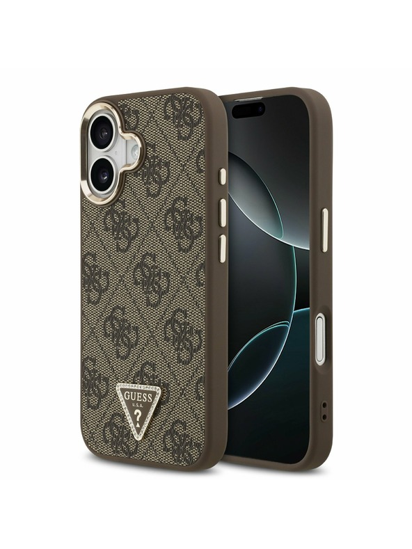 Guess Guess PU Leather 4G Strass Triangle Logo Gold Frame MagSafe Zadný Kryt pre iPhone 17 Brown