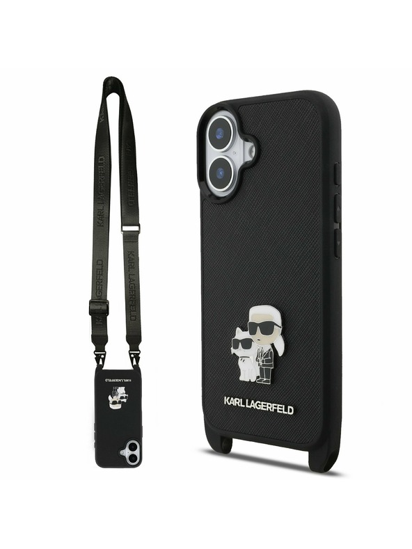 Karl Lagerfeld Karl Lagerfeld Saffiano Crossbody Popruhy Metal Karl and Choupette Zadný Kryt pre iPhone 17 Black