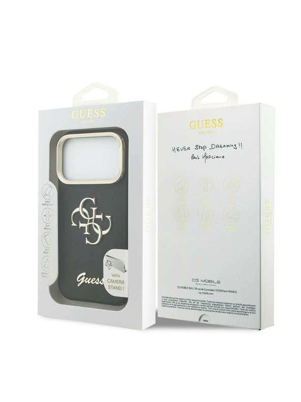 Guess Guess PU Grained 4G Logo Stand Camera Frame Zadný kryt pre iPhone 17 Pro Black