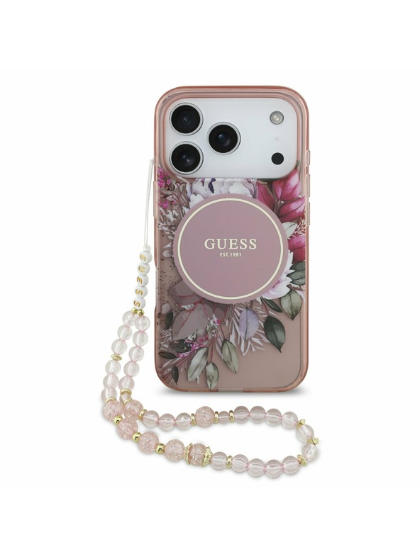 Guess Guess IML Flowers Strap MagSafe Zadný kryt pre iPhone 17 Pro Pink