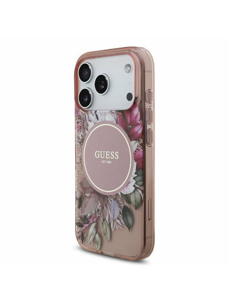 Guess Guess IML Flowers Strap MagSafe Zadný kryt pre iPhone 17 Pro Pink
