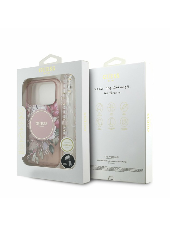 Guess Guess IML Flowers Strap MagSafe Zadný kryt pre iPhone 17 Pro Pink