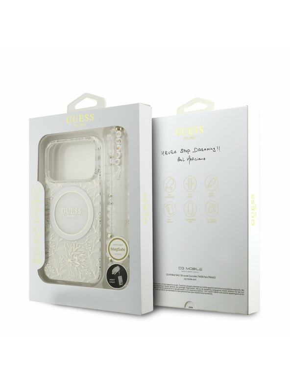 Guess Guess IML Flowers Allover Strap MagSafe Zadný kryt pre iPhone 17 Pro White